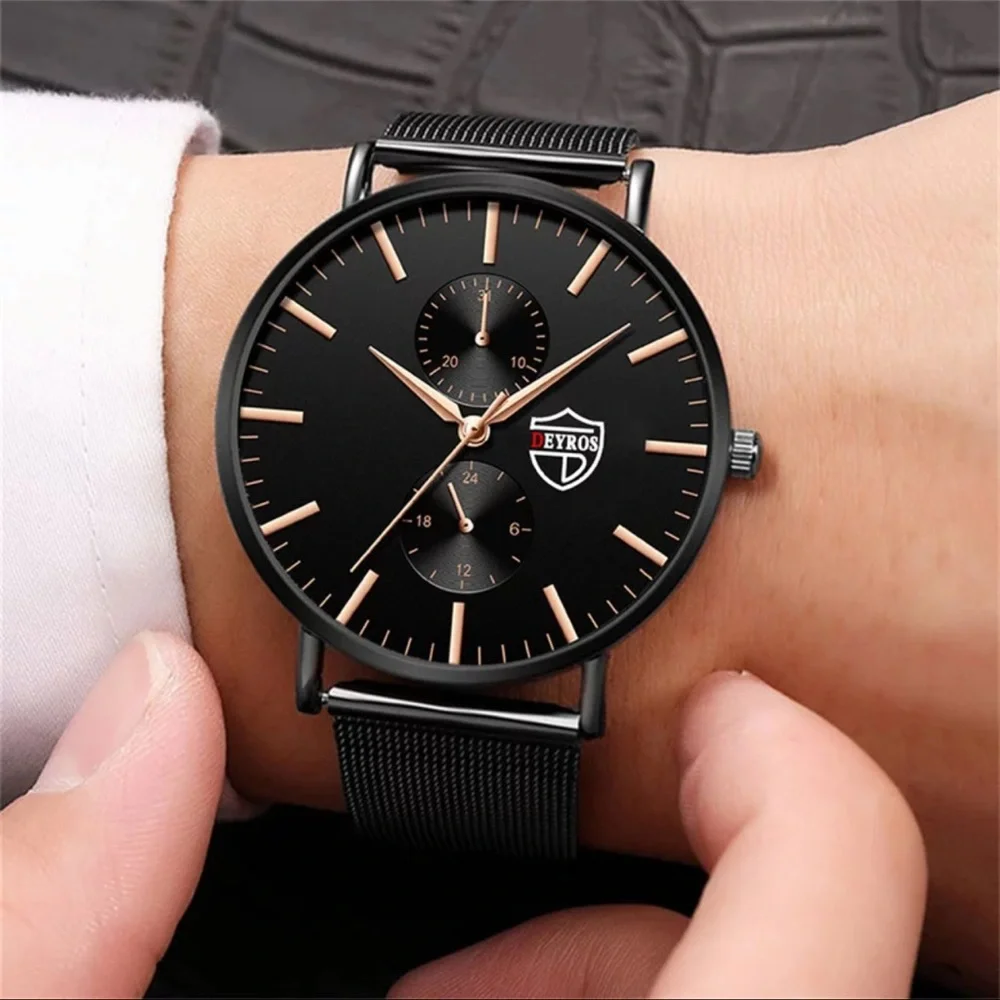New Stainless Steel Analog Quartz Black Rose Gold Business Casual Mens Watch